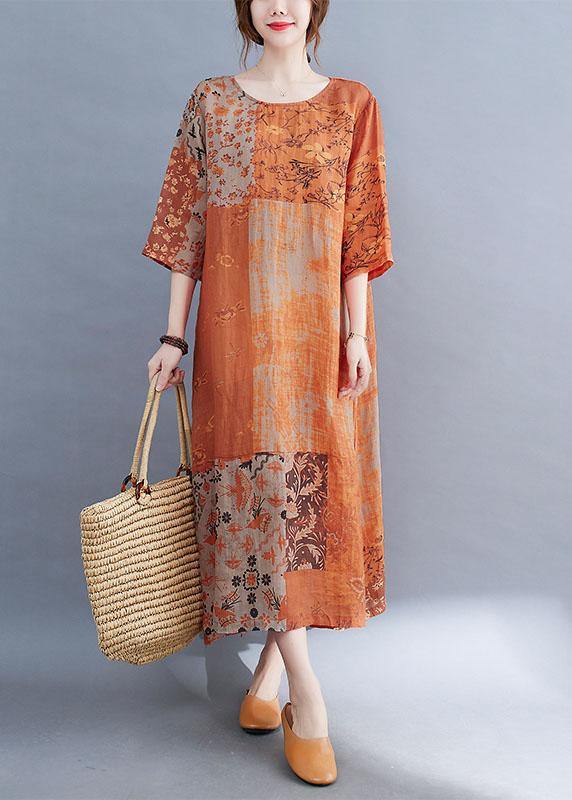 Modern Color Block Loose O-neck Print Summer Side Open Dress Half Sleeve