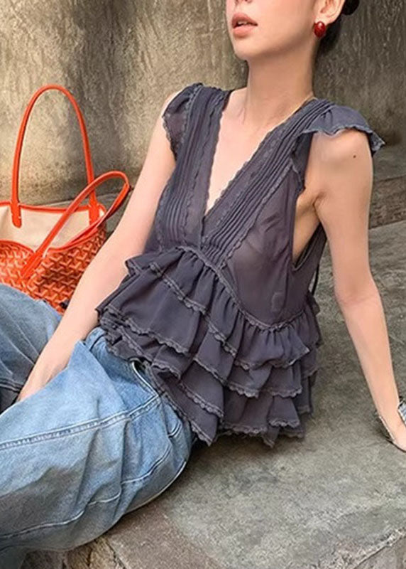 Grey V Neck Ruffled Lace Patchwork Chiffon Vest Summer
