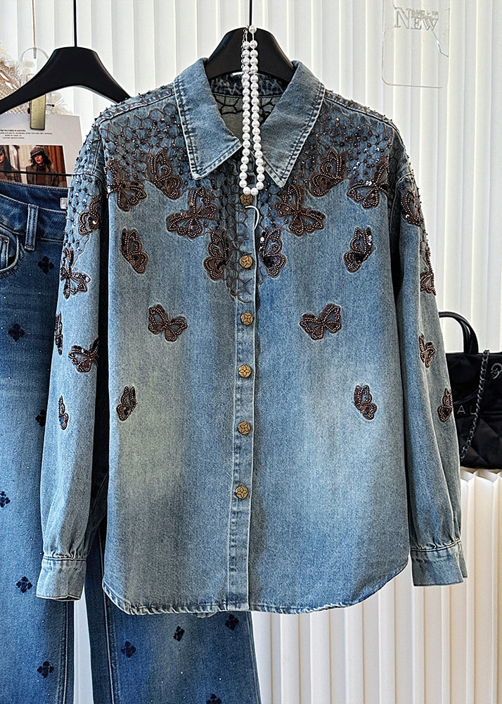 Blue Embroidered Butterfly Denim Coats Spring