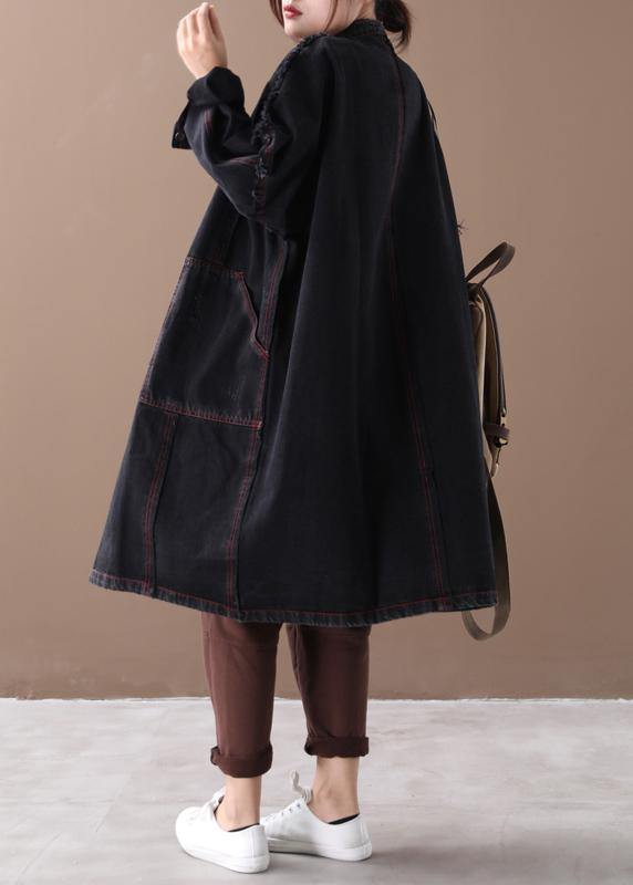 Denim Black Coat for Woman Tutorials Stand Collar Button Down Coats