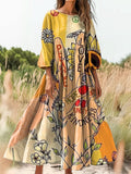 Women's Hippie Art Print Flowy Cotton Crew Neck Dress