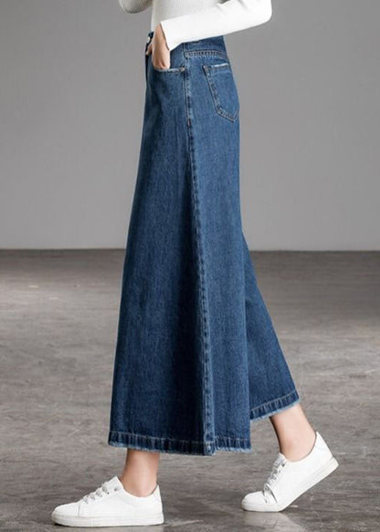 Blue High Waist Pockets Wide Leg Fall Denim Pants