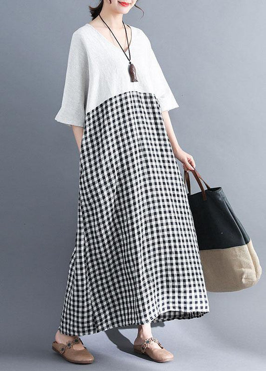 Simple White V Neck Cotton Clothes Patchwork Cotton Summer Dresses