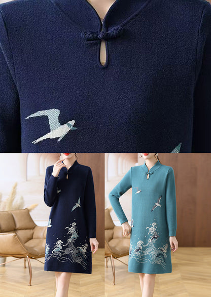 Baby Blue Print Button Cotton Knit Maxi Sweater Dress Fall