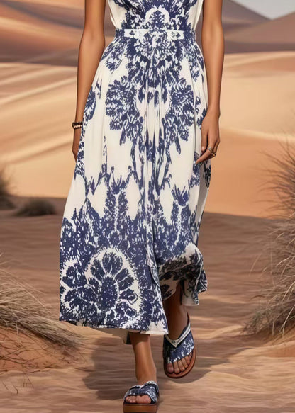 Classy Blue Print Cotton Long Dress Cinched Summer