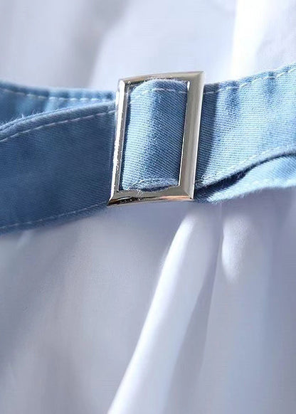 Diy White Patchwork Denim Cotton Fake Two Piece Blouse Tops Spring
