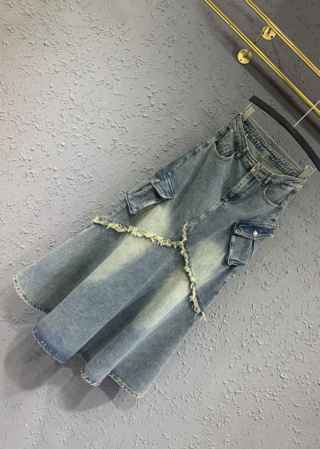 Light Blue Tasseled Pockets Patchwork Denim Skirt Fall