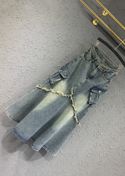 Light Blue Tasseled Pockets Patchwork Denim Skirt Fall