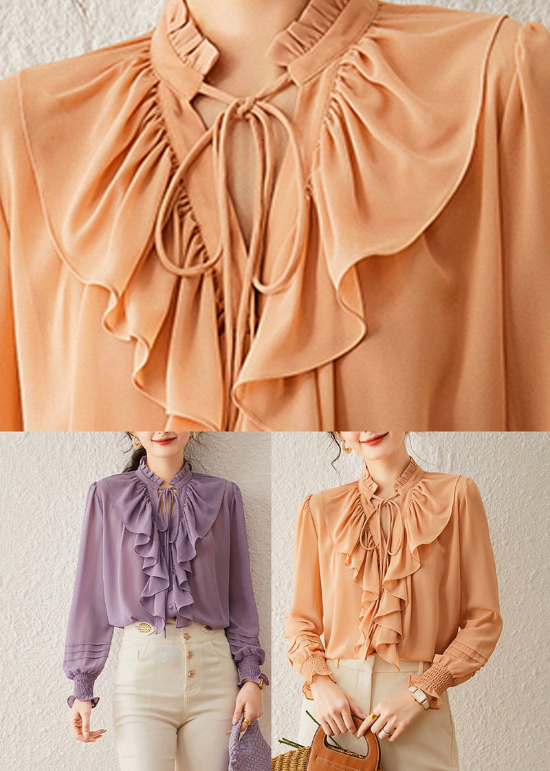 Orange Stand Collar Tops Lantern Sleeve