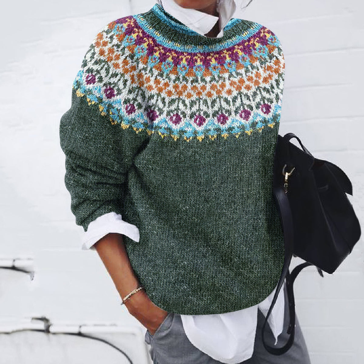 Retro Geometric Pattern Knitted Print Cozy Sweater elevenforest