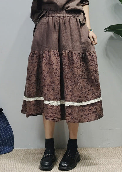 Chocolate Elastic Waist Lace Patchwork Print Linen a Line Skirts Summer