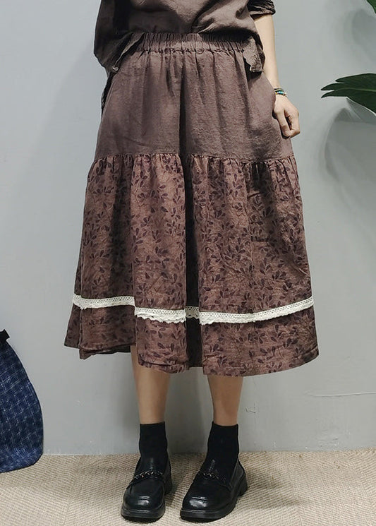 Chocolate Elastic Waist Lace Patchwork Print Linen a Line Skirts Summer