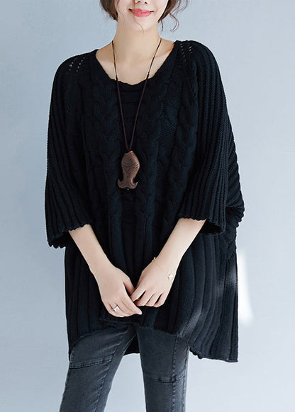 Khaki O Neck Hollow Out Knit Tops Batwing Sleeve