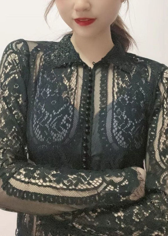 Black Hign Neck Bead Button Cotton Lace Top Fall