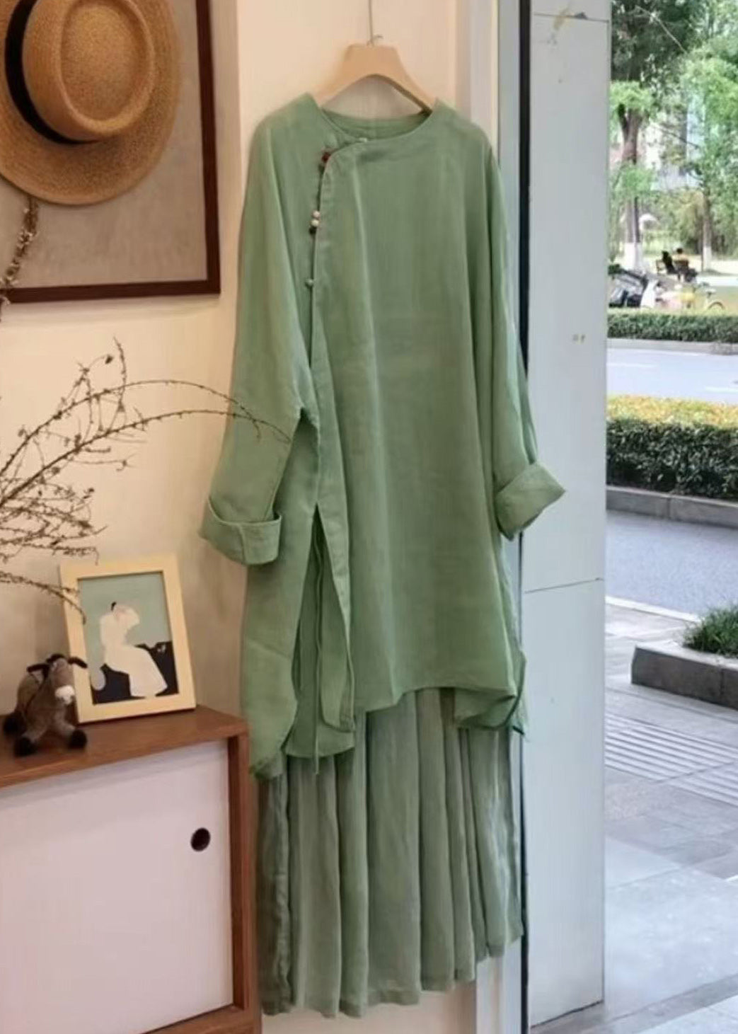 Green Button Side Open Blouses and Skirts Linen Two Pieces Set Fall