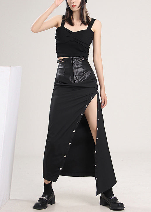 French Black Button Patchwork Side Open Skirts Spring