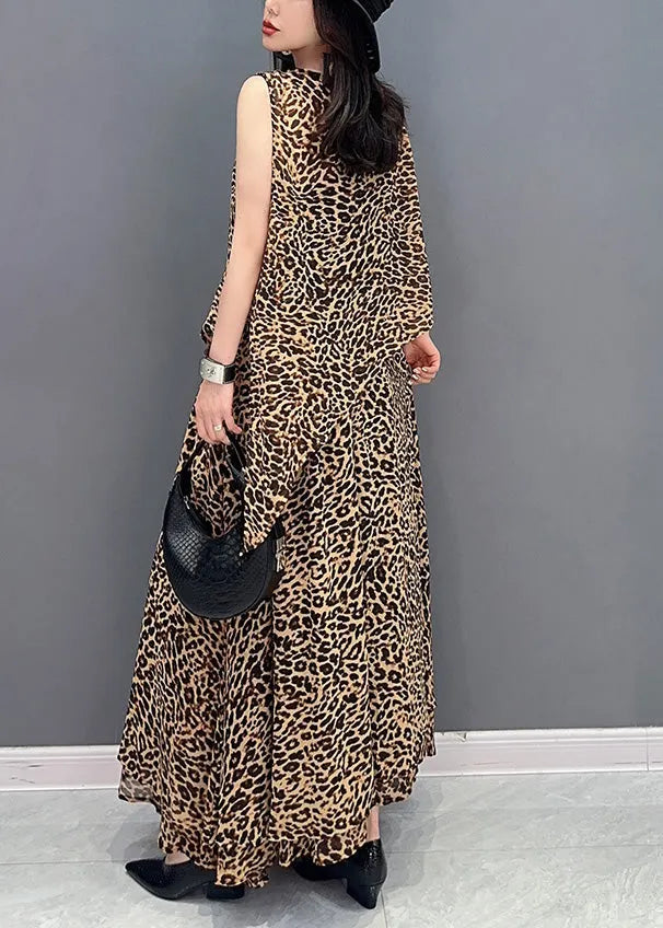 Leopard Tie Waist Top and Maxi Skirts Two Pieces Set Summer