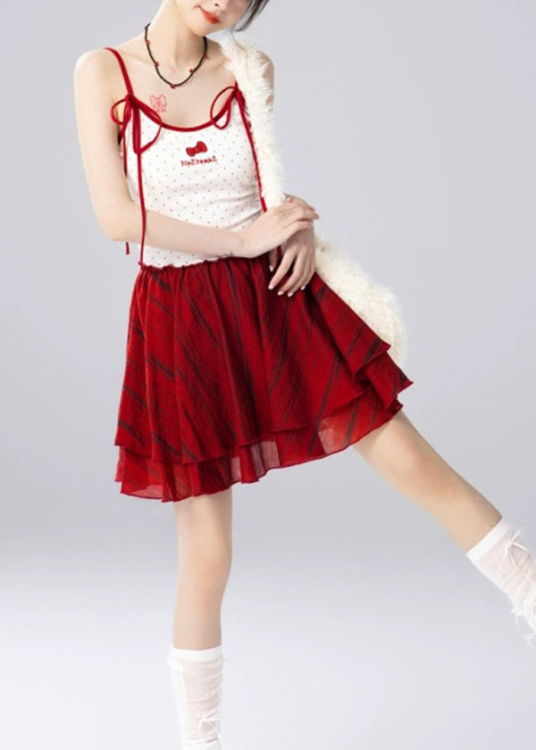 Red Ruffled Spaghetti Strap Top and Skirts Two Pieces Set Summer
