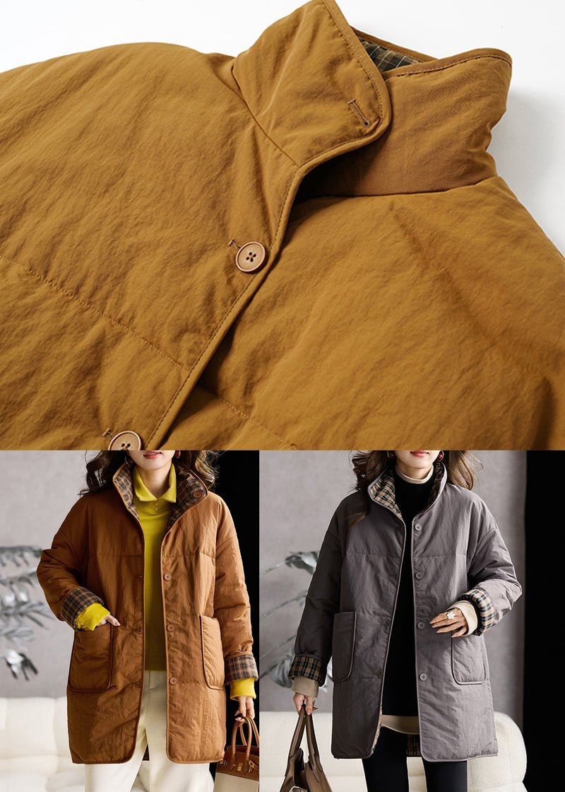 Grey Pockets Fine Cotton Filled Puffers Coat Stand Collar Winter