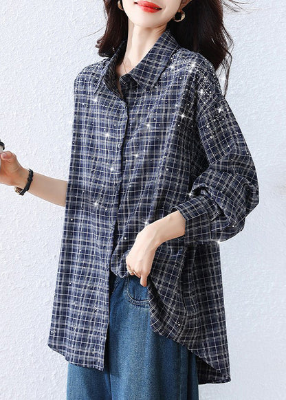 Blue Plaid Rhinestone Cotton Blouse Tops Fall