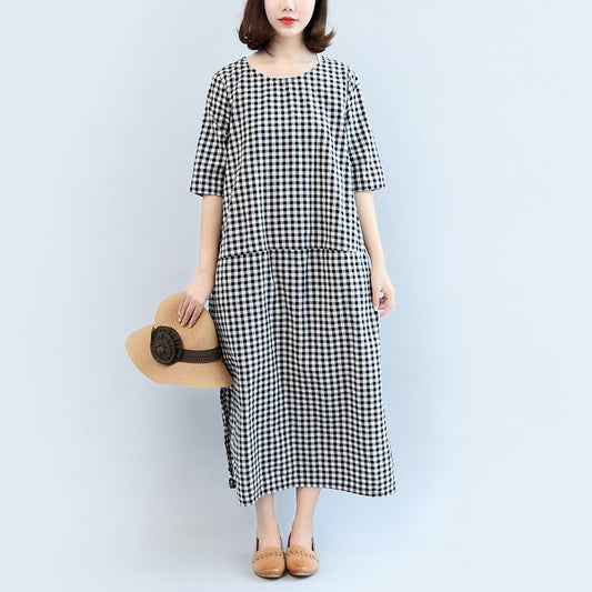 Black White Plaid Cotton Dresses Baggy Loose Half Sleeve Maxi Dress Side Open