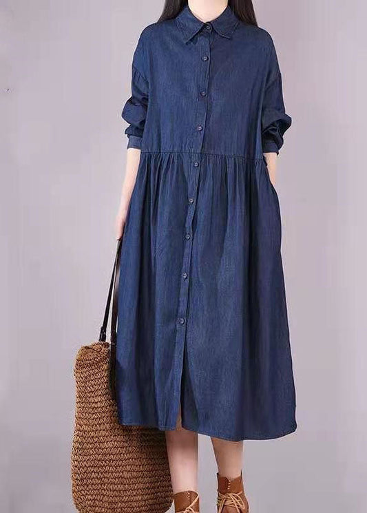 French Navy Peter Pan Collar Button Pockets Fall Long Sleeve Denim Dress