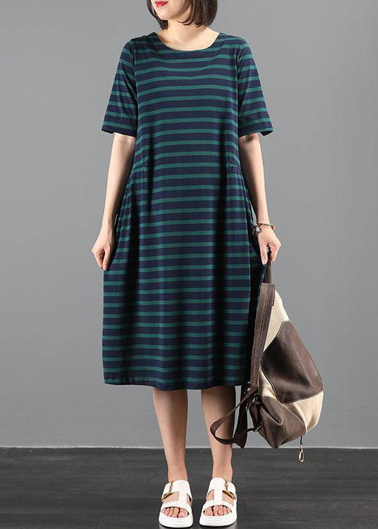 Italian Green Striped Outfit O Neck Cinched a Line Summer Dresses