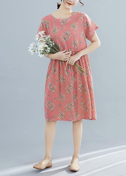 French O Neck Drawstring Chiffon Dress Pink Print Dresses Summer