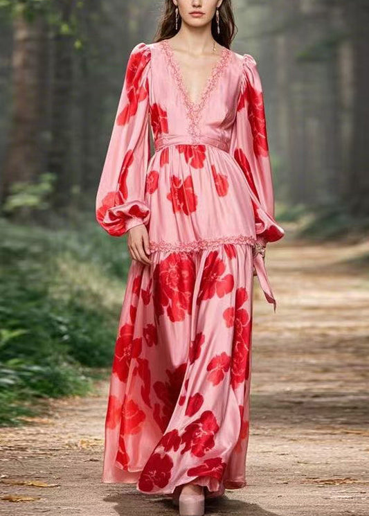 Pink Ruffled Print Chiffon Long Dress Spring