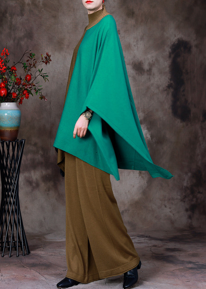 Diy Coffee Turtleneck Asymmetrical Patchwork Knit Sweaters and Wide Leg Pants Two Pieces Set Fall