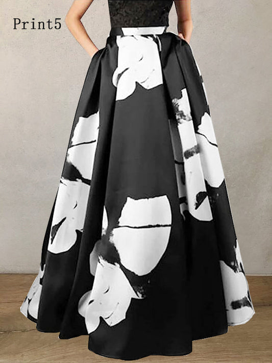Black -white Print High Waist Pockets Print Cotton a Line Skirt Summer
