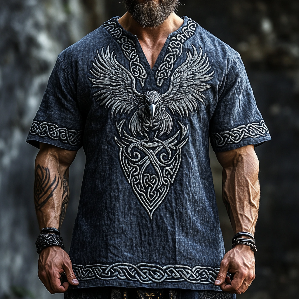 Men's Viking Eagle Celtic Knot Print V-neck Linen Blend Shirt elevenforest