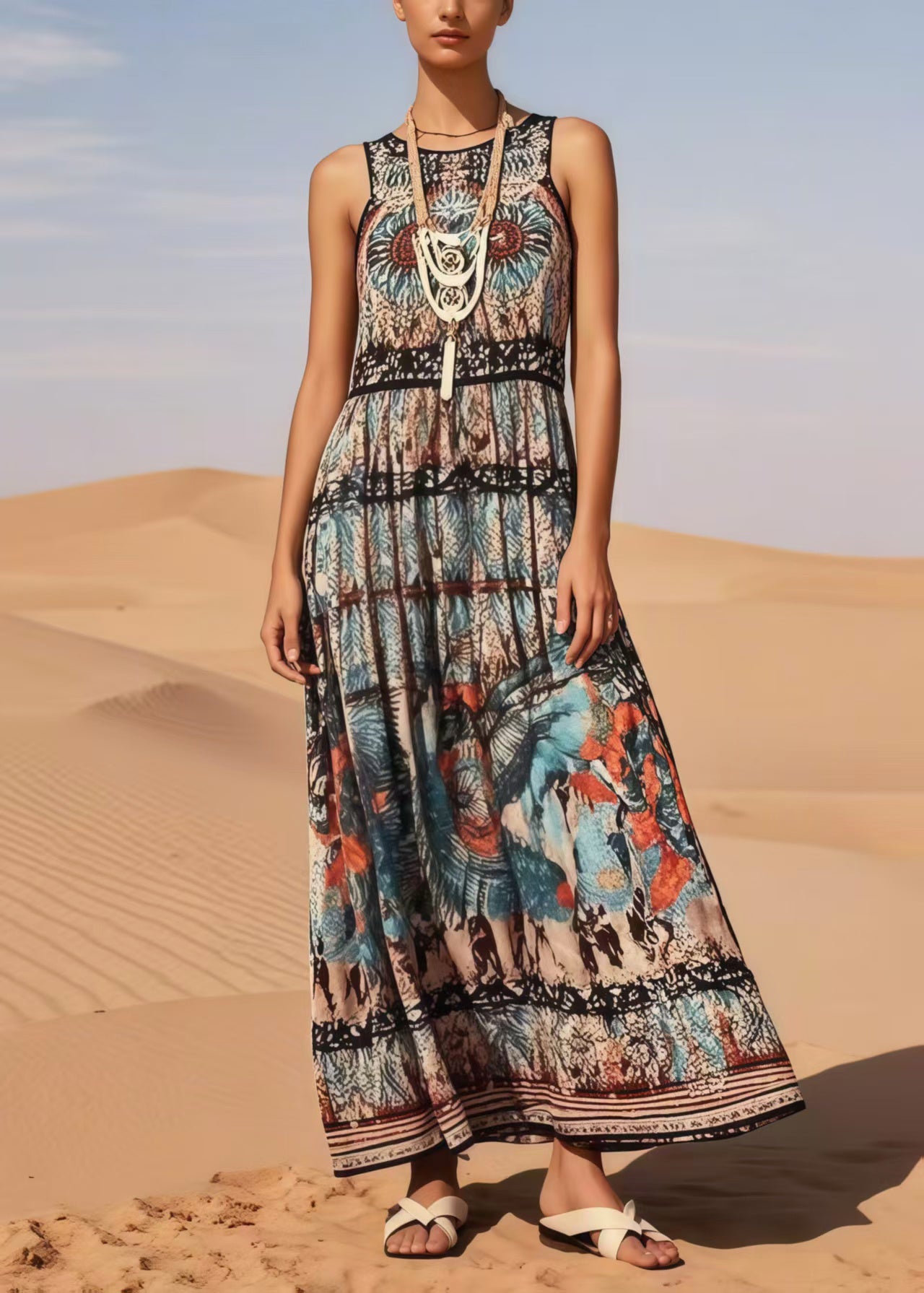 Black Print Cotton Long Dress Sleeveless