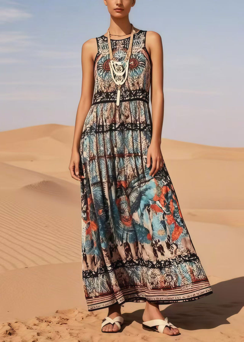 Black Print Cotton Long Dress Sleeveless