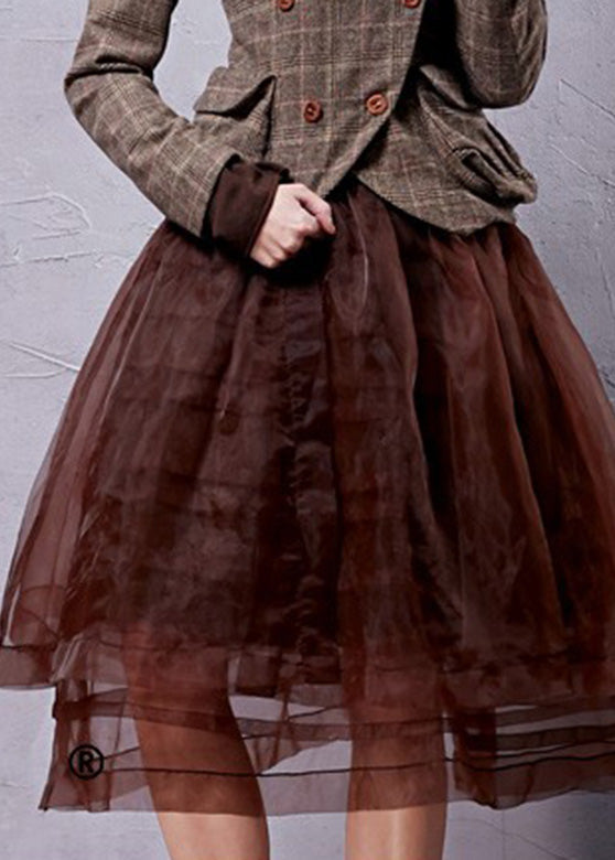 Retro Chocolate Elastic Waist Organza a Line Skirts Spring