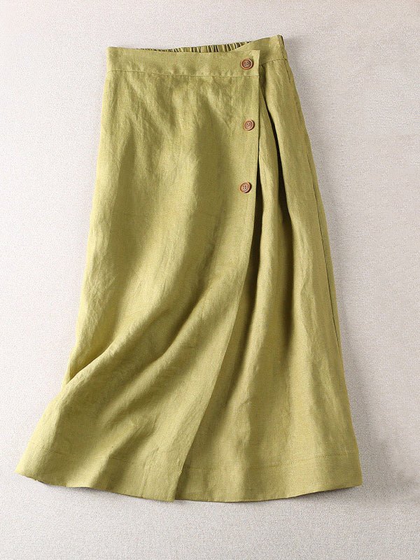 Pure Color Elastic Waist A-line Linen Skirt