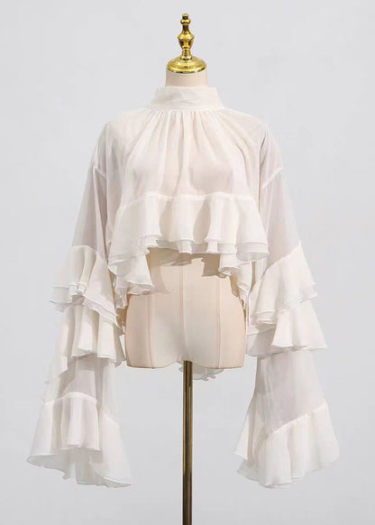 Beige Hign Neck Ruffled Patchwork Tulle Top Flare Sleeve
