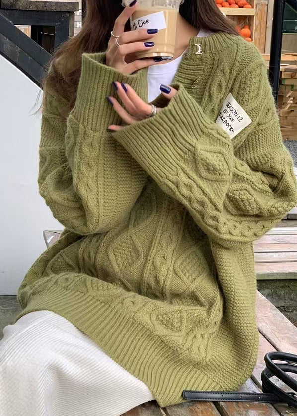 Loose Green V Neck Thick Cable Knit Sweater Tops Fall