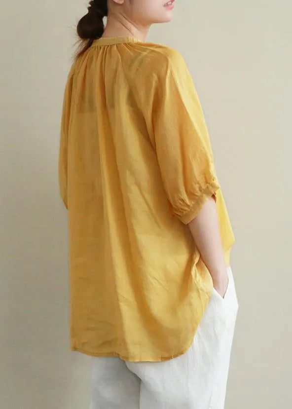 Art Yellow Embroidery Linen Tunic Top V Neck Button Down Silhouette Summer Blouses