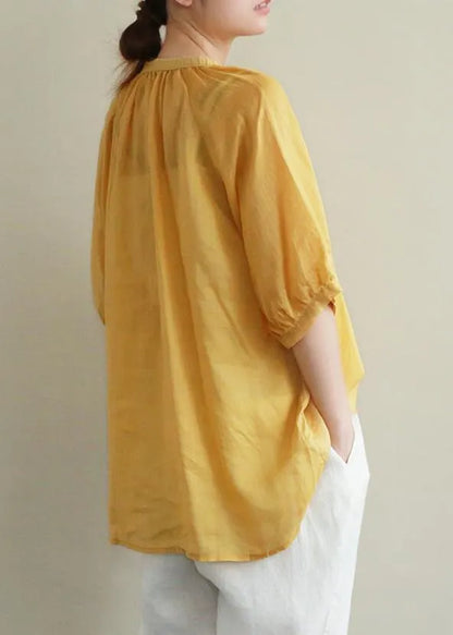 Art Yellow Embroidery Linen Tunic Top V Neck Button Down Silhouette Summer Blouses