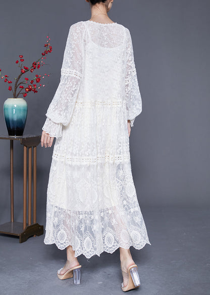 Beige Embroidered Patchwork Hollow Out Lace Maxi Dress Lantern Sleeve