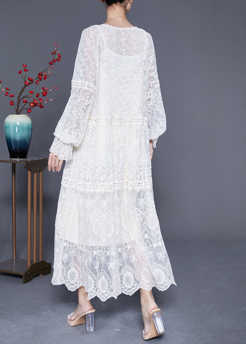 Beige Embroidered Patchwork Hollow Out Lace Maxi Dress Lantern Sleeve