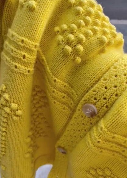 Loose Yellow Button Hollow Out Cotton Knit Coats Long Sleeve