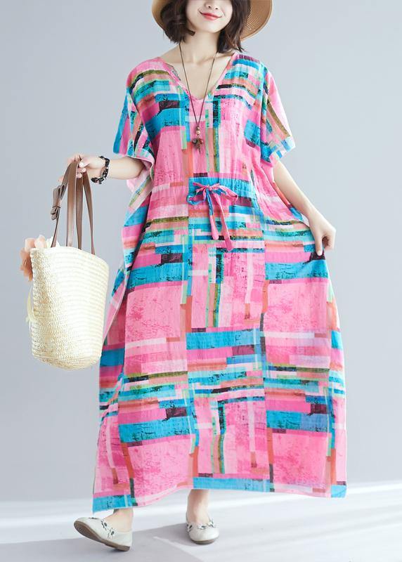 100% Pink Print Tunics V Neck Drawstring Long Summer Dresses