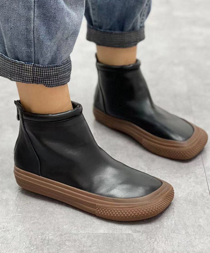 Coffee Zippered Boots Cowhide Leather Ankle Boots