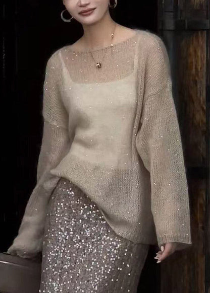 Champagne Color O Neck Sequins Thin Knit Top Fall