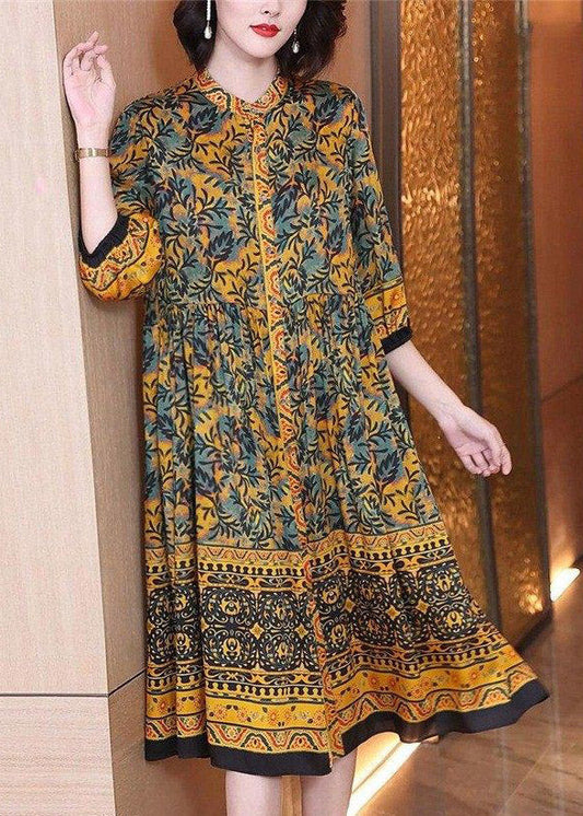 Classy O-neck Print Button Wrinkled Silk Dress Long Sleeve