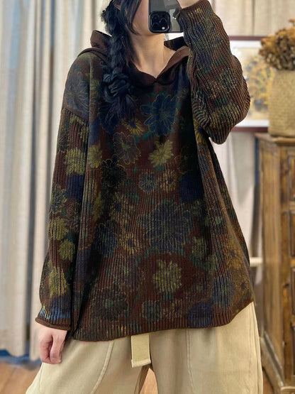 Autumn Cotton Print Hooded Loose Sweater