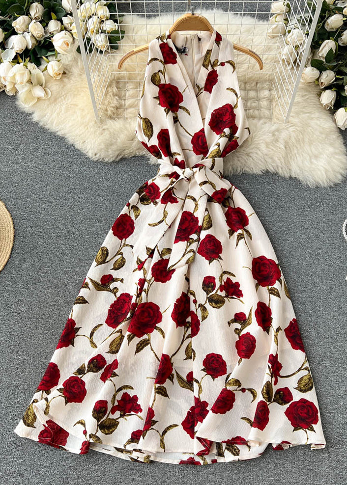 Apricot Zippered Print Chiffon Long Dress Sleeveless