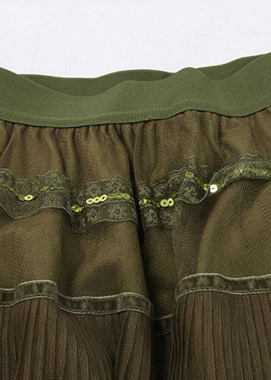 Unique Green Elastic Waist Tulle a Line Skirts Spring